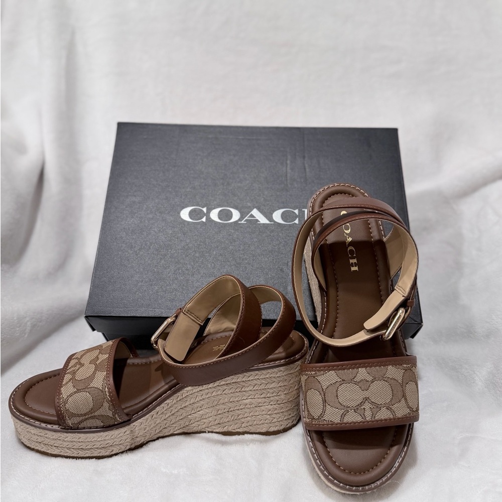 Coach Tan and Brown Wedge Sandals
